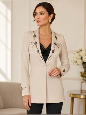 Beige Embellished Longline Blazer - Women's Tailored Suit Jacket
